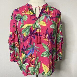 New Chicos Floral Clip Dot Ruffle Blouse Size 2 US 12 Womens Multi Color Top